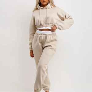 Ensemble 2 pièces décontracté pour femme, style Hip Hop, comprenant un crop top court à manches longues et un pantalon, en molleton uni, effet délavé, idéal pour l'hiver, en polyester/coton - Product Image 5