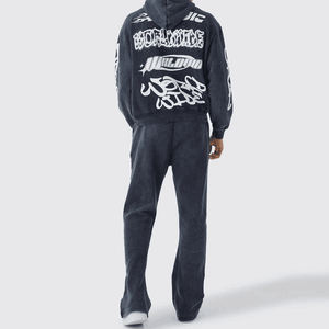 Ensemble sweat à capuche et pantalon de survêtement personnalisé pour homme, broderie appliquée, effet vieilli, coupe oversize, délavé soleil, survêtement zippé, ensemble de jogging évasé - Product Image 2