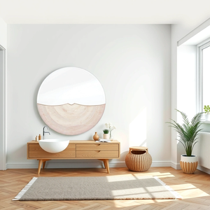 Modern Geometric <b>Round</b> Split Design Wall <b>Mirror</b> - White Resin & Natural Wood - 70cm <b>Bathroom</b> Home Decor - Product Image 1