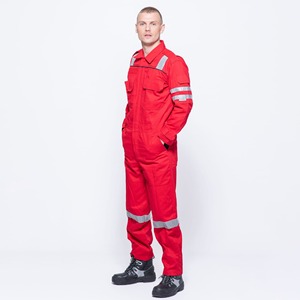 Combinaison de travail unisexe rouge réfléchissante respirante certifiée CE en coton avec poches et bandes - Product Image 1