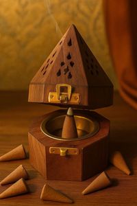 Wooden Bakhoor <b>Burner</b> Set Hand-Made Sandalwood Incense <b>Burner</b> Geometric Pyramid Aromatic Holder All-Season Use Incense <b>Burner</b> - Product Image 2