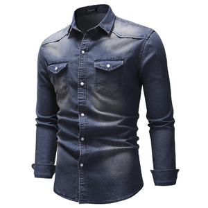 Chemise polo en denim à manches longues pour homme, décontractée, respirante, col montant, design simple - Product Image 4