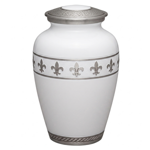 Urne funéraire personnalisable en aluminium pour adulte avec bande gravée, finition argentée et blanche, pour cendres humaines - Product Image 1