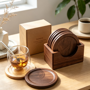 Sous-verres en bois personnalisés ronds et carrés avec gravure pour tasses à café, tasses à thé, verres – Décoration de table, coffret cadeau, vente en gros - Product Image 4