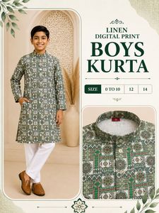Kurta de Lino con Estampado Digital para Niños, Ropa Étnica Tradicional India y Pakistaní, Largo hasta la Rodilla, Corte Regular, 0-14 Años, Informal, para Todas las Temporadas - Product Image 3