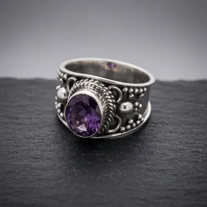 Anillo llamativo de plata de ley 925 con amatista, hecho a mano, estilo bohemio vintage, joyería con gemas, banda ancha y llamativa, venta al por mayor para mujer - Product Image 3