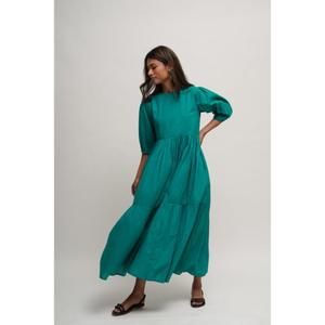 Robe longue trapèze verte de haute qualité, col rond, manches courtes, en lin superposé, couleur unie, confortable pour femme, vente en gros - Product Image 3