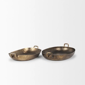 Oval Brass Decorative Trays Set of 2 Rustic Handcrafted Metal Serving Bowls with Handles for Home decor - Product Image 1