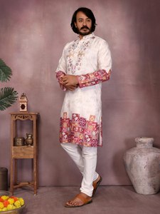 Kurta élégante en coton Khadi épais avec broderie au col et Chudidar semi-coton, idéale pour les mariages, les festivals et les tenues traditionnelles. - Product Image 4