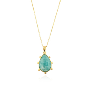 Custom design jewelry necklace natural amazonite cabochon stone teardrop pendant 18k gold plated <b>beaded</b> designer women necklaces - Product Image 1