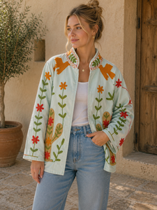 Veste brodée vert menthe faite à la main pour femmes |   Veste artisanale indienne à motifs floraux |   Veste ethnique bohème artisanale - Product Image 1