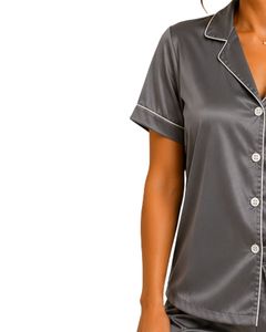 Conjunto de Pijama de Satén Gris Personalizado para Mujer, Ropa de Dormir de Seda con Bolsillo Bordado, Manga Corta, Suave, para Verano - Product Image 3