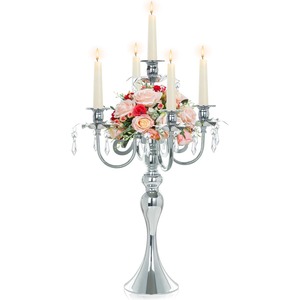 Candélabre élégant en argent à 5 bras avec accents en cristal, centre de table de mariage, décoration d'intérieur, support en métal durable au meilleur prix - Product Image 1