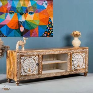 Mueble para TV de Madera de Mango Maciza de Gran Capacidad, Tallado a Mano, Estilo Rústico, Mueble para Sala de Estar, Consola Multimedia - Product Image 3