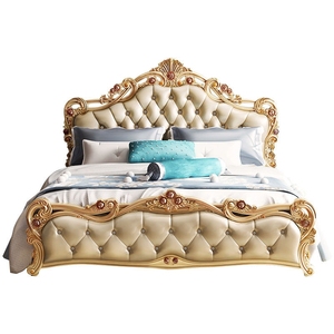 European Classic Luxury Gold Carved Wedding <b>Bed</b> Royal PU Leather Tufted King Size <b>Bed</b> Elegant Villa Bedroom Furniture - Product Image 5