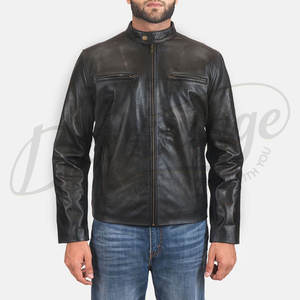 Chaqueta de cuero negra para hombre, estilo racer, piel de oveja auténtica de primera calidad, corte ajustado, cuello alto, con cremallera, informal, a la moda, para motocicleta. - Product Image 1