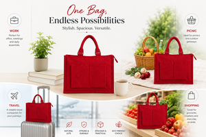 Red Jute Tote Bag With Zipper Closure And Front Pockets Minimalist Design For Daily Use - Product Image 4