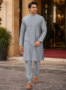 Custom <b>Men</b> Grey <b>Kurta</b> Pajama Set Ethnic Long <b>Kurta</b> Mandarin Collar Wedding Party Outfit Festival Traditional Dress - Product Image 5