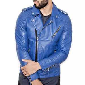 Veste de moto en cuir véritable bleu pour homme HELLERITE INDUSTRY, respirante, fermeture éclair, col rabattu, coupe ajustée, pour l'hiver - Product Image 1