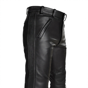 <b>Men's</b> Black <b>Leather</b> Moto Biker <b>Pants</b> High Waist Straight Fit With Side Pockets Button Fly Heavyweight Autumn Style - Product Image 5