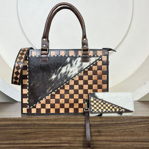 Sac à main en cuir à carreaux multifonctionnel et durable avec portefeuille assorti en cuir de vachette, ensemble combiné en cuir véritable fait main pour femmes - Product Image 4