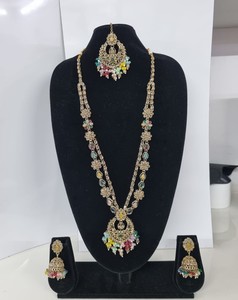 Delicate Floral Antique Gold Plated Kundan Rani Haar <b>Set</b> Long Necklace <b>Beads</b> Traditional Jhumkas 3 Wedding Engagement Party - Product Image 6