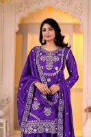 Ensemble Kurti Chinon multi-broderies avec palazzo élastique doublé et dupatta assorti pour femme UV 155