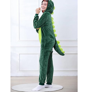 Combinaison en polaire à capuche pour femme, motif dinosaure vert, manches longues, pyjama d'hiver confortable, design de dessin animé doux - Product Image 2