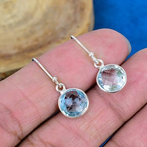 Natural Blue Topaz Round Shape Gemstone Dangle <b>Hook</b> <b>Earring</b> 925 Sterling Silver Finish - Product Image 1