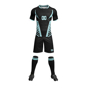 five B Custom Sublimation Soccer Jersey Set Black with Teal Accents Short Sleeve Moisture Wicking <b>Athletic</b> Fit for Men OEM ODM - Product Image 1