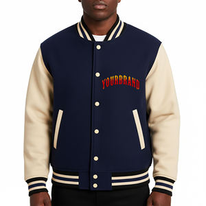 Blouson universitaire homme bleu marine en laine/polyester avec logo brodé sur les manches, fermeture boutonnée sur le devant, doublure en laine, écologique, style preppy - Product Image 1