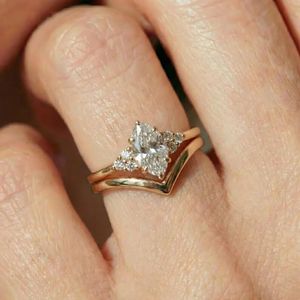 Luxury Marquise Diamond Engagement <b>Ring</b> <b>Set</b> with V-Shape Wedding Band 14K <b>Gold</b> Stackable Fine Jewelry Manufacturer - Product Image 1