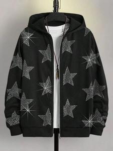 Sudadera Negra con Capucha y Cremallera, Estampado de Estrellas con Pedrería, Unisex, Oversize, Casual, de Invierno, Tejida, de Poliéster, Corte Holgado, Ecológica - Product Image 2