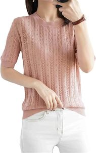 T-shirt en coton pour femmes, tricoté, uni, col rond, manches courtes, décontracté, doux, respirant, pour l'été, usage quotidien - Product Image 2