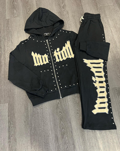 Conjunto de Sudadera con Cremallera y Pedrería No Kill, Pantalones Deportivos, Chándal Urbano Negro de Manga Larga para Otoño - Product Image 1