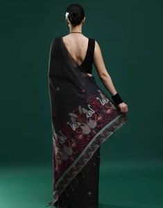 Sari Muga Floral Negro para Mujer KV con Blusa Sin Coser - Product Image 4
