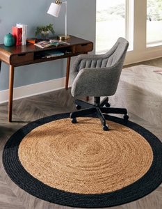 Tapis rond en jute naturel fait main, bordure noire, tapis tissé tressé, style farmhouse bohème, salon, chambre à coucher - Product Image 1