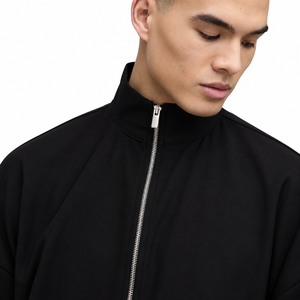 <b>Men's</b> Black <b>Zip</b>-Up Fleece <b>Jacket</b> Oversized Stand Collar Regular Length Casual Autumn Wear Knitted Breathable Solid Design - Product Image 3