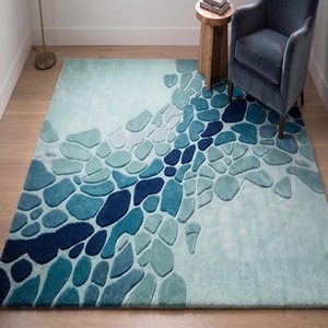Tapis artisanal haut de gamme en laine bleu océan abstrait, tapis contemporain de luxe à motif galets pour salon, chambre, bureau, décoration intérieure - Product Image 3