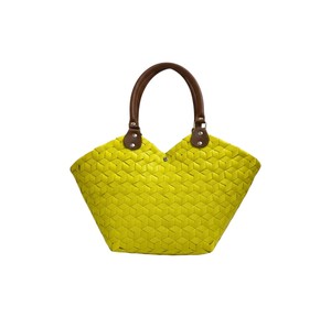 Sac à main en cuir marron de luxe avec sangle géométrique tressée en plastique et sac fait main chic jaune pour femme - Product Image 1