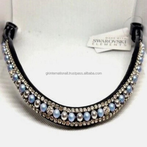 Banda de cuero genuino negro de alta calidad para cejas de caballo, diseño personalizado con 3 filas de perlas azules y cristales blancos, banda para cejas de caballo - Product Image 3