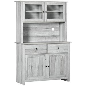 Armoire de rangement moderne gris cendre à 4 étagères avec portes vitrées 63,5 po et comptoir ouvert pour micro-ondes - Product Image 1