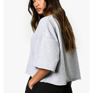 T-shirt crop top oversize de haute qualité pour femme, décontracté, à épaules tombantes, col rond, couleur unie, coupe ample, style streetwear - Product Image 5