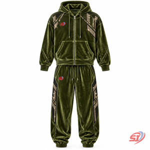 Ensemble de survêtement en velours premium Olive Velvet District 280 GSM avec strass et cristaux, comprenant un sweat à capuche et un pantalon ample, pour un look décontracté et tendance. - Product Image 1