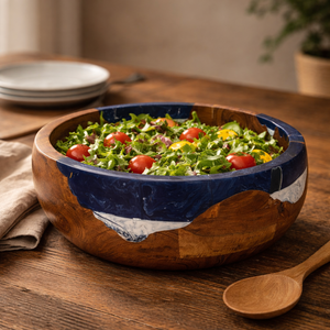 Tazón Redondo Decorativo de Madera de Acacia con Resina Epoxi Azul-Blanca, Color Marrón Natural, Hecho a Mano, para Servir Ensaladas, Decoración para Fiestas y Hogar - Product Image 3