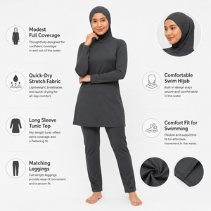Ensemble burkini pour femmes, confectionné en tissu extensible léger, offrant une couverture complète et des mouvements faciles pour la natation en piscine et les sorties à la plage. - Product Image 6
