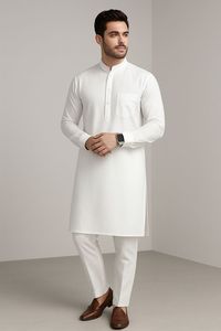 <b>Men</b> White Cotton <b>Kurta</b> Set Regular Fit Ankle-Length Traditional Casual Wear India Pakistan Style Wrinkle Free All Seasons - Product Image 2