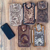 Nouveau Western Cowboy usiné à la main en cuir étui de téléphone portable Portable en cuir véritable support de téléphone de luxe avec boucle de ceinture attachée