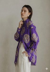 Chemise longue ample à fente en mousseline de soie à séchage rapide avec imprimé motif violet décontracté pour femme Simmi Saboo - Product Image 3