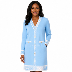 Cosh International Sorority Sisterhood <b>Light</b> Blue Knitted Cardigan With Hounds tooth Trim V-<b>Neck</b> Long Sleeve Classic Style Full - Product Image 1